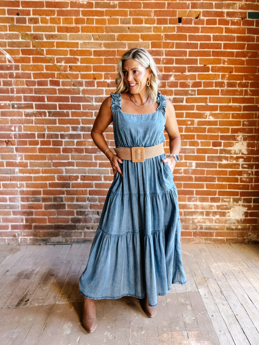 Chambray Daydreamer Tiered Midi Dress, Washed Denim