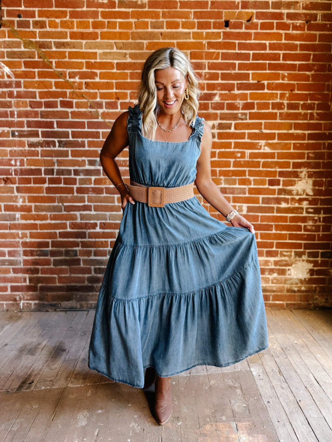 Chambray Daydreamer Tiered Midi Dress, Washed Denim
