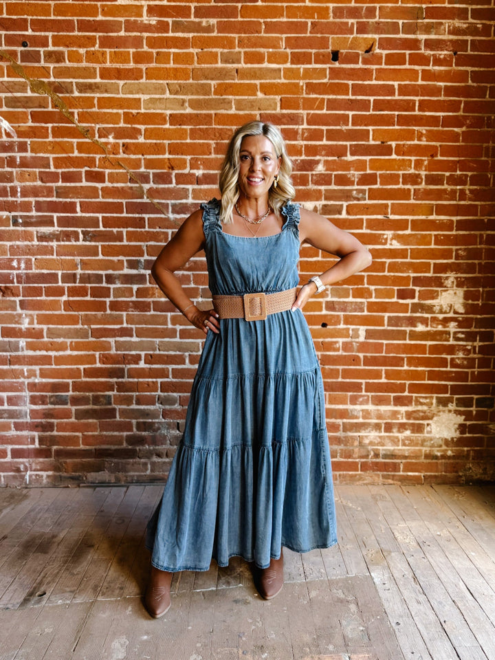 Chambray Daydreamer Tiered Midi Dress, Washed Denim