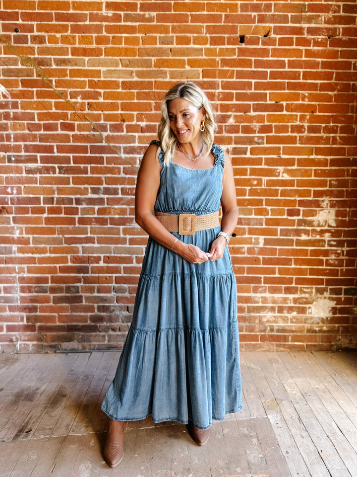 Chambray Daydreamer Tiered Midi Dress, Washed Denim