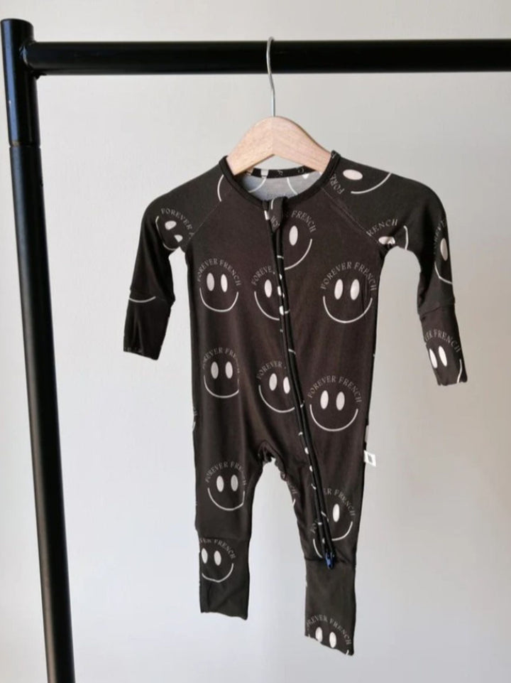 Forever French Baby Bamboo Zip Pajamas, Charcoal & White ff Smile