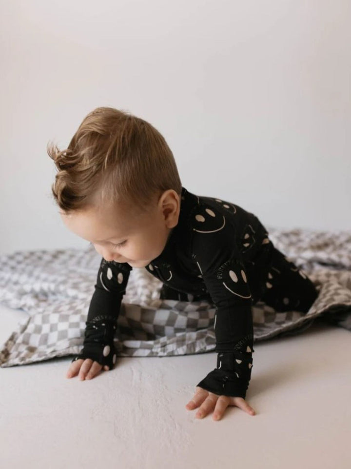 Forever French Baby Bamboo Zip Pajamas, Charcoal & White ff Smile
