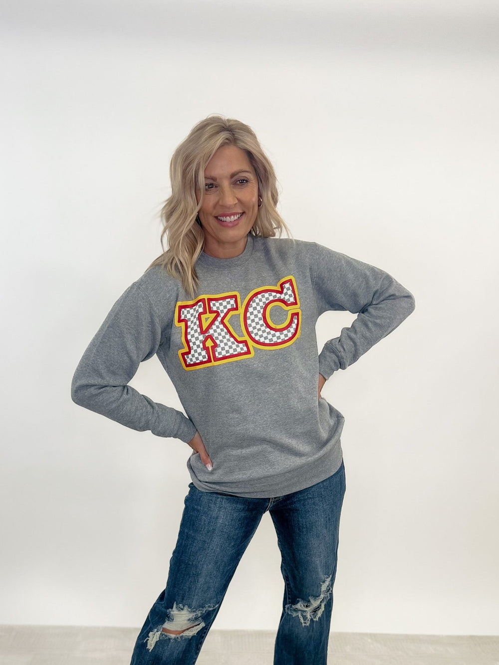 Checkered KC Graphic Sweatshirt, Heather Grey