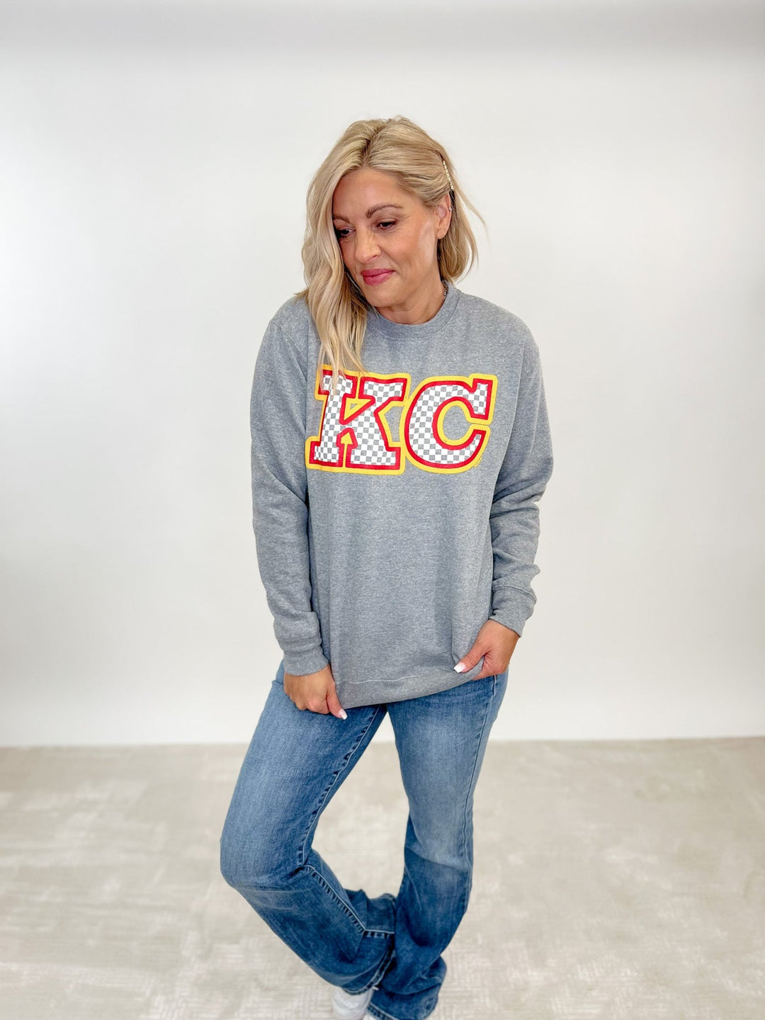 Checkered KC Graphic Sweatshirt, Heather Grey