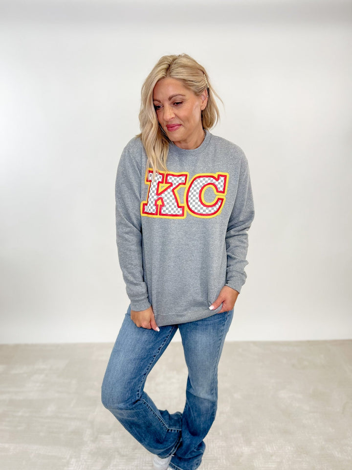 Checkered KC Graphic Sweatshirt, Heather Grey