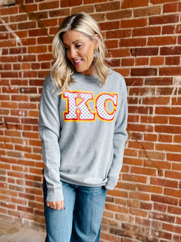 Checkered KC Graphic Sweatshirt, Heather Grey