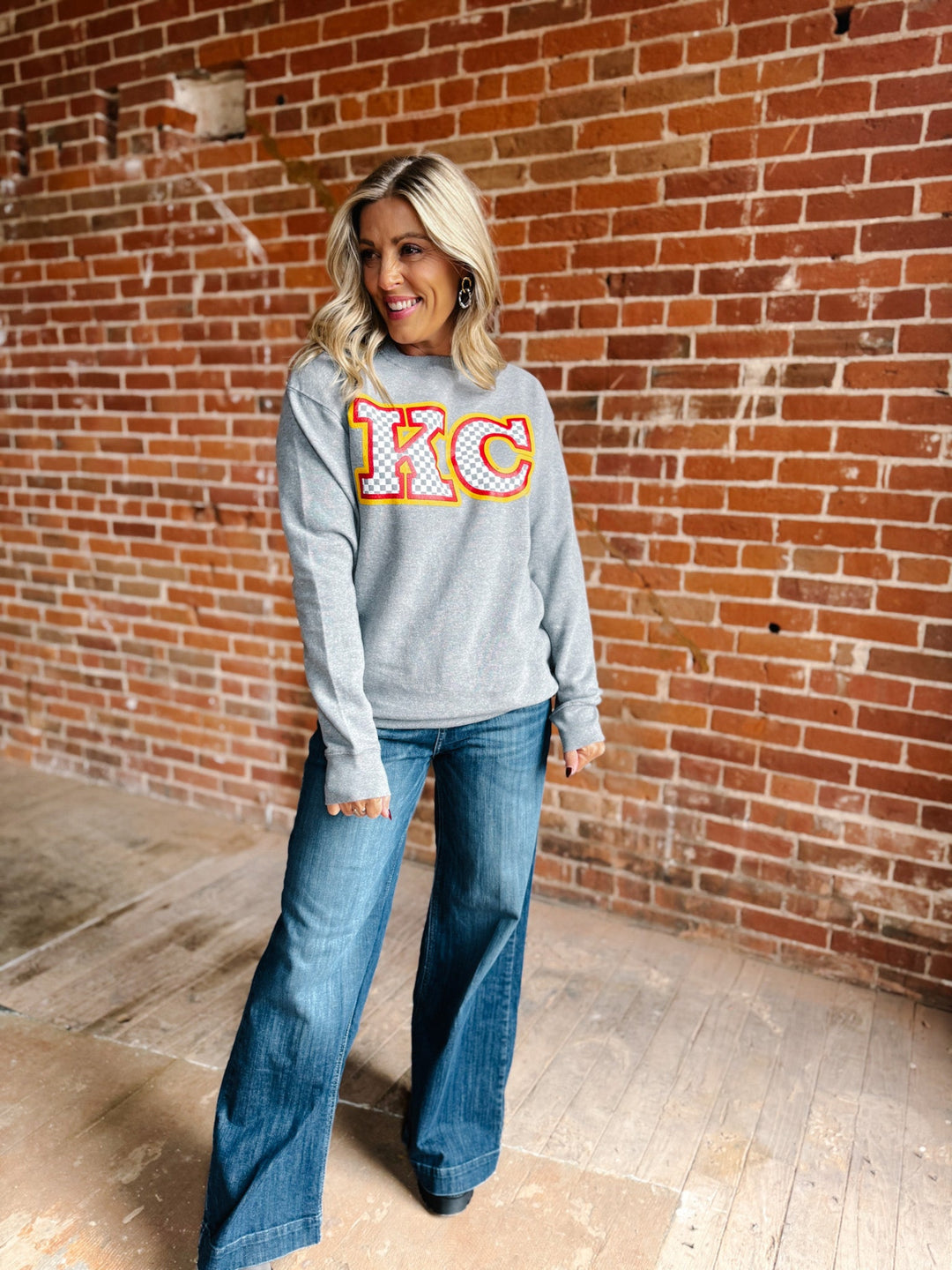 Checkered KC Graphic Sweatshirt, Heather Grey
