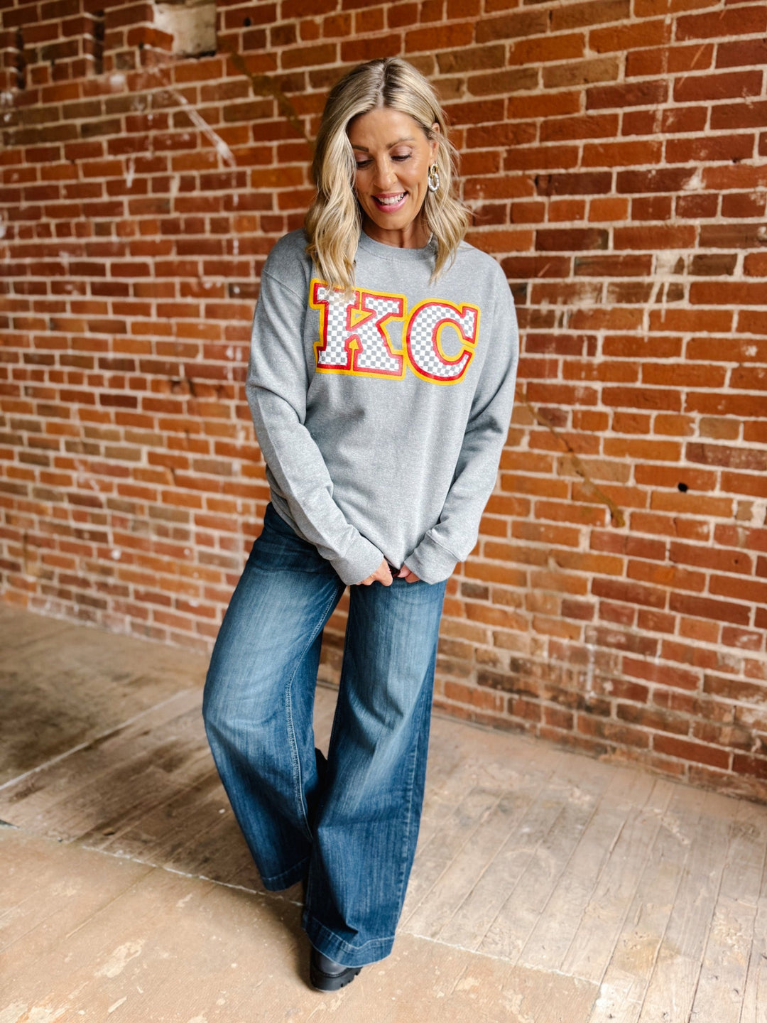 Checkered KC Graphic Sweatshirt, Heather Grey