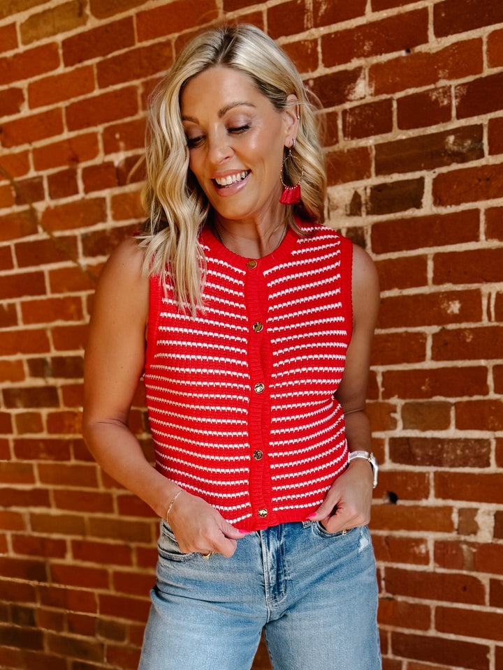Cherry Harbor Stripe Knit Vest, Red and White