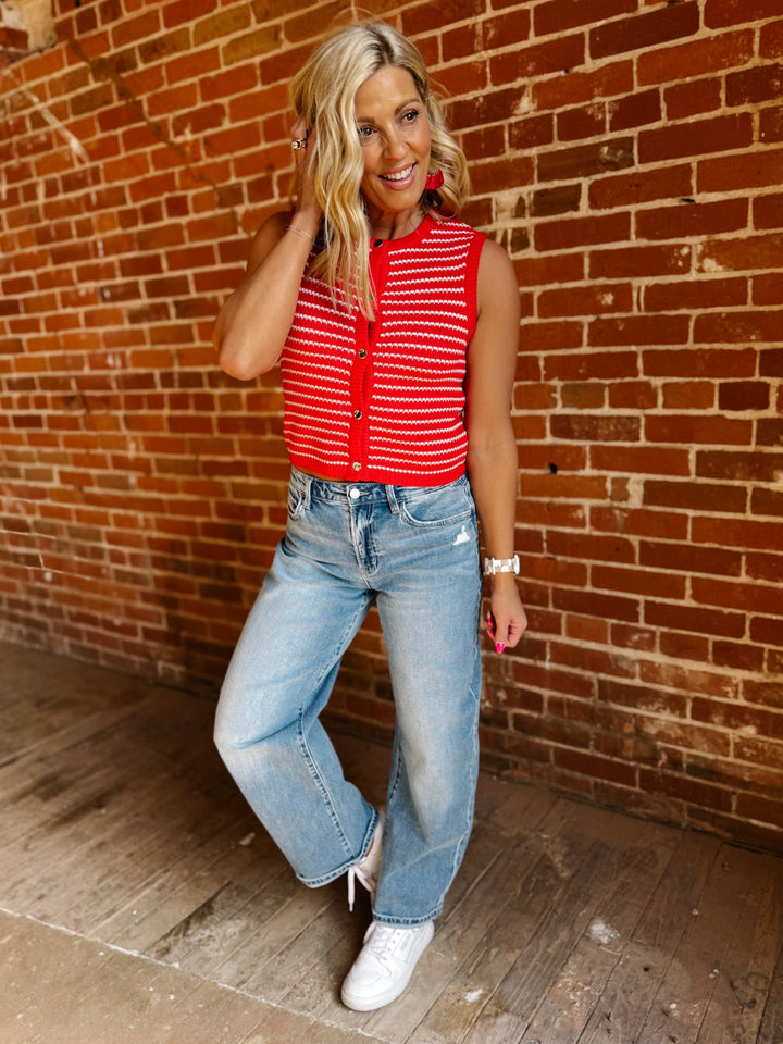 Cherry Harbor Stripe Knit Vest, Red and White