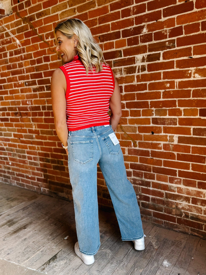Cherry Harbor Stripe Knit Vest, Red and White