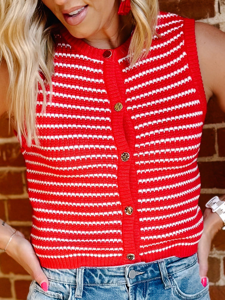 Cherry Harbor Stripe Knit Vest, Red and White