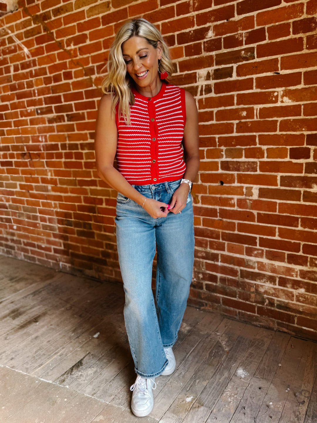 Cherry Harbor Stripe Knit Vest, Red and White