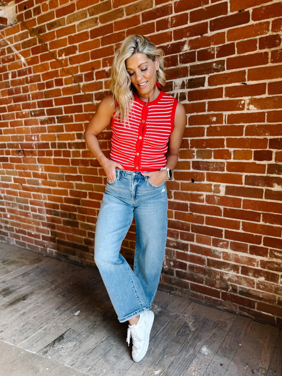 Cherry Harbor Stripe Knit Vest, Red and White