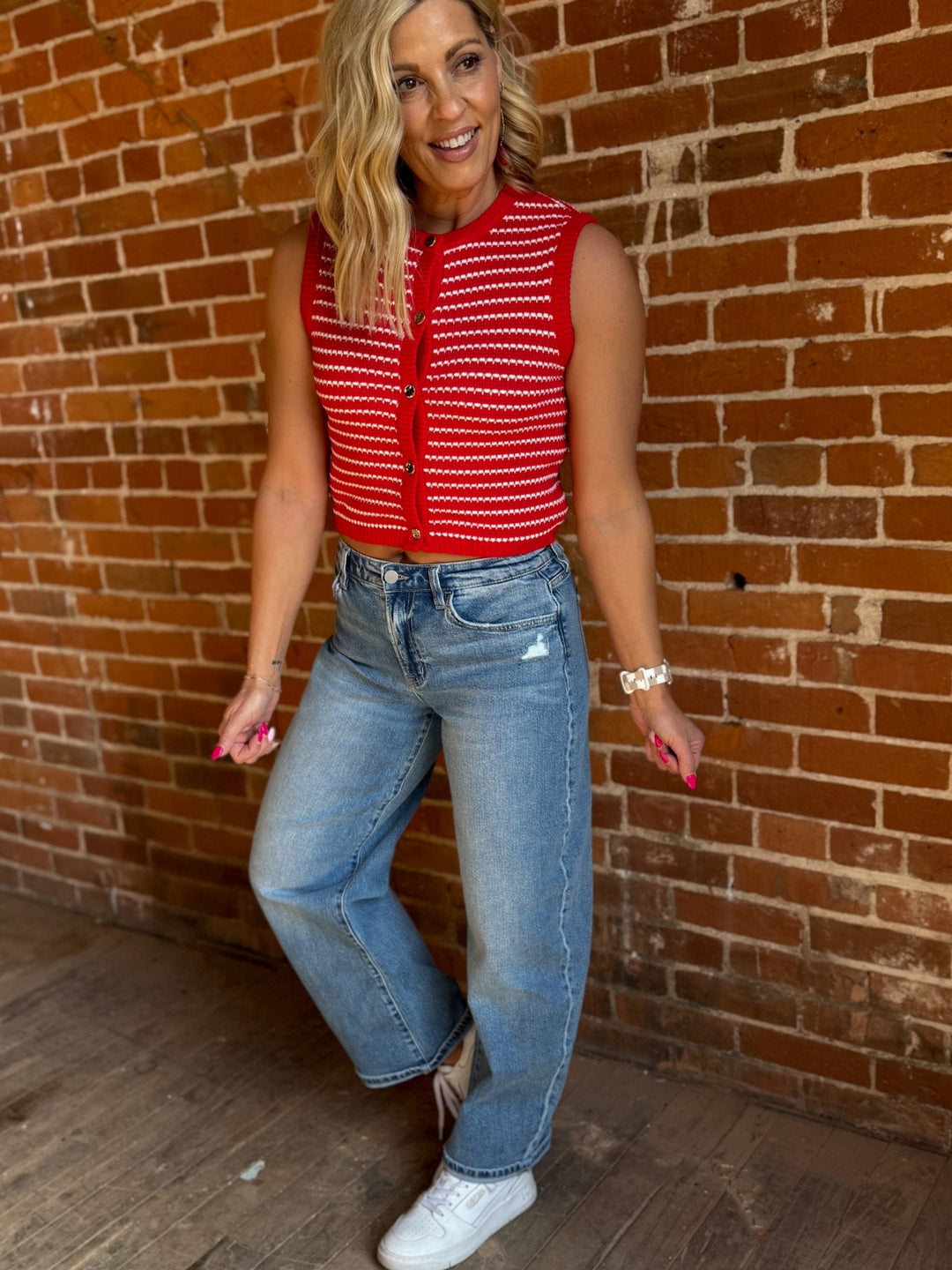Cherry Harbor Stripe Knit Vest, Red and White