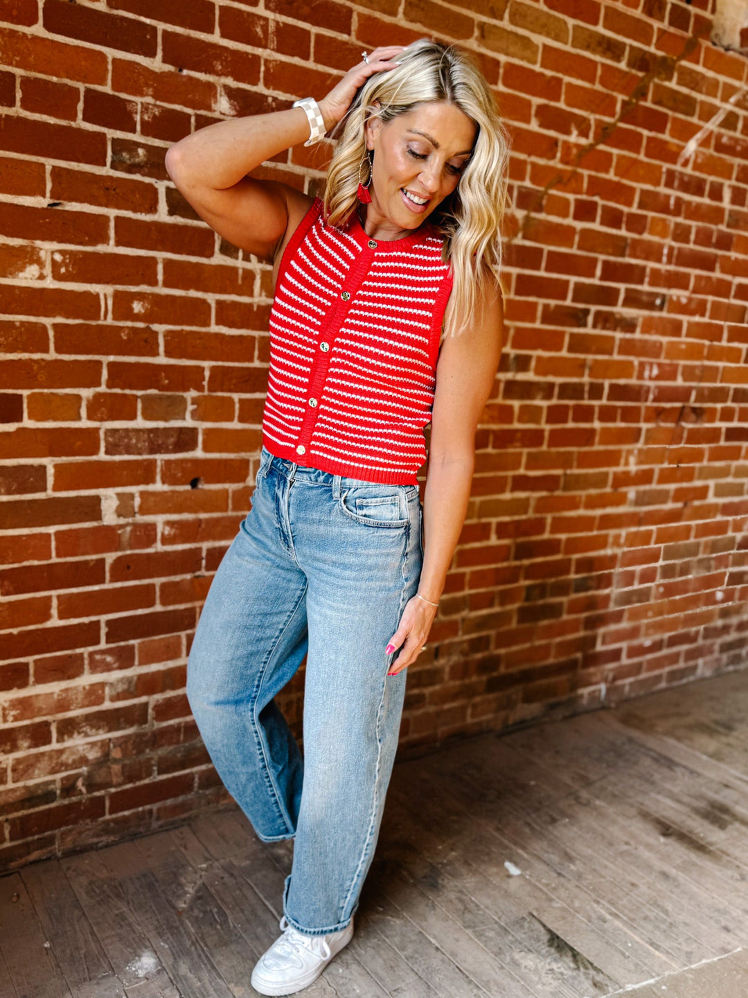 Cherry Harbor Stripe Knit Vest, Red and White