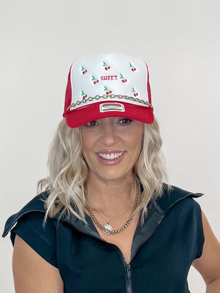Cherry Sweet Embroidered Trucker Hat, Red