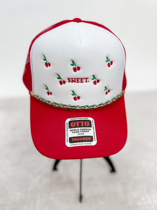 Cherry Sweet Embroidered Trucker Hat, Red