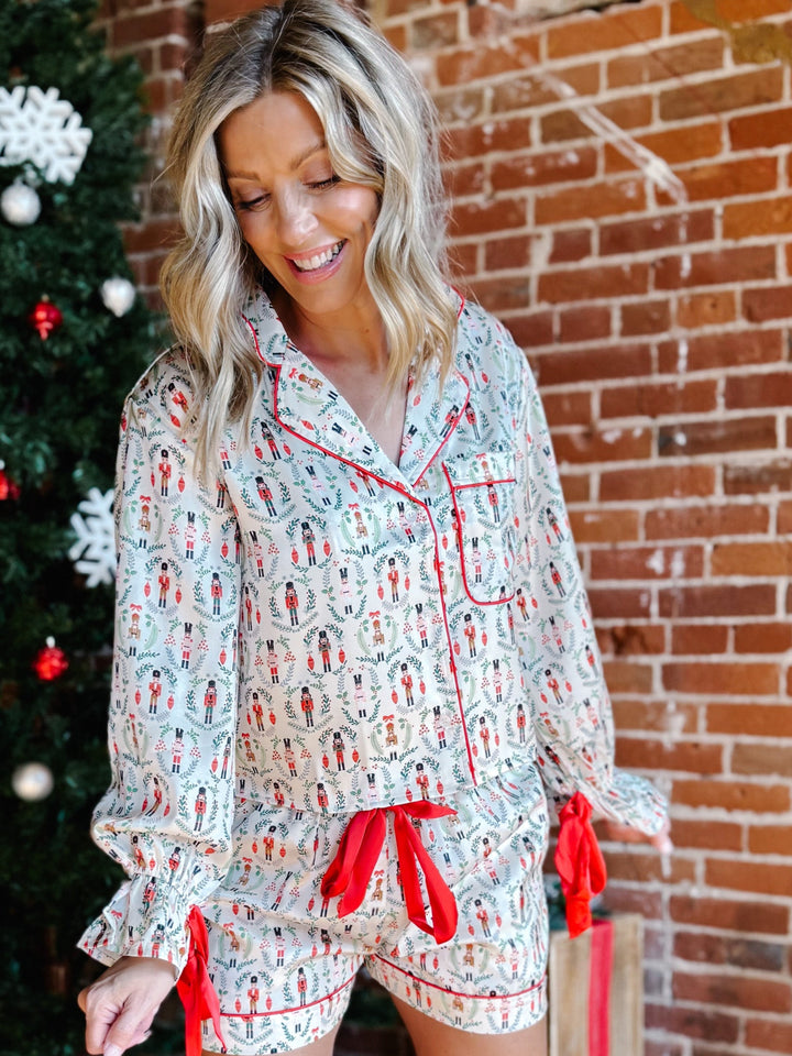 Christmas Toy Soldier Satin Pajamas with Tie Cuff Detail, IvoryRedGreen