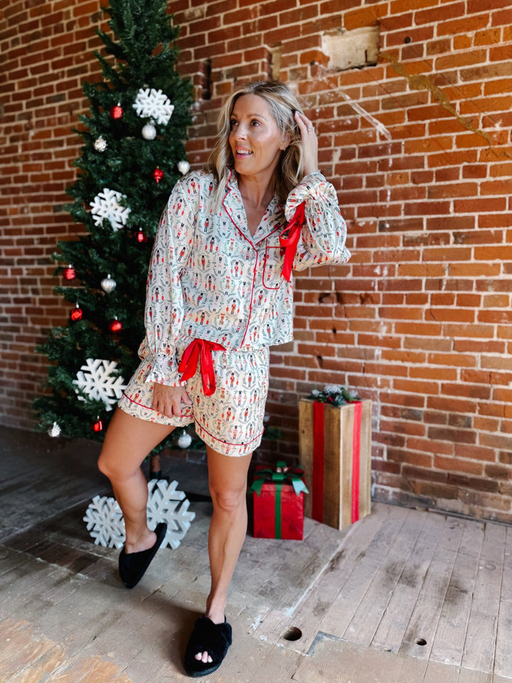 Christmas Toy Soldier Satin Pajamas with Tie Cuff Detail, IvoryRedGreen