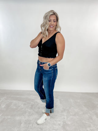 City Scroll Cropped Mini Bootcut Jeans, Dark Wash