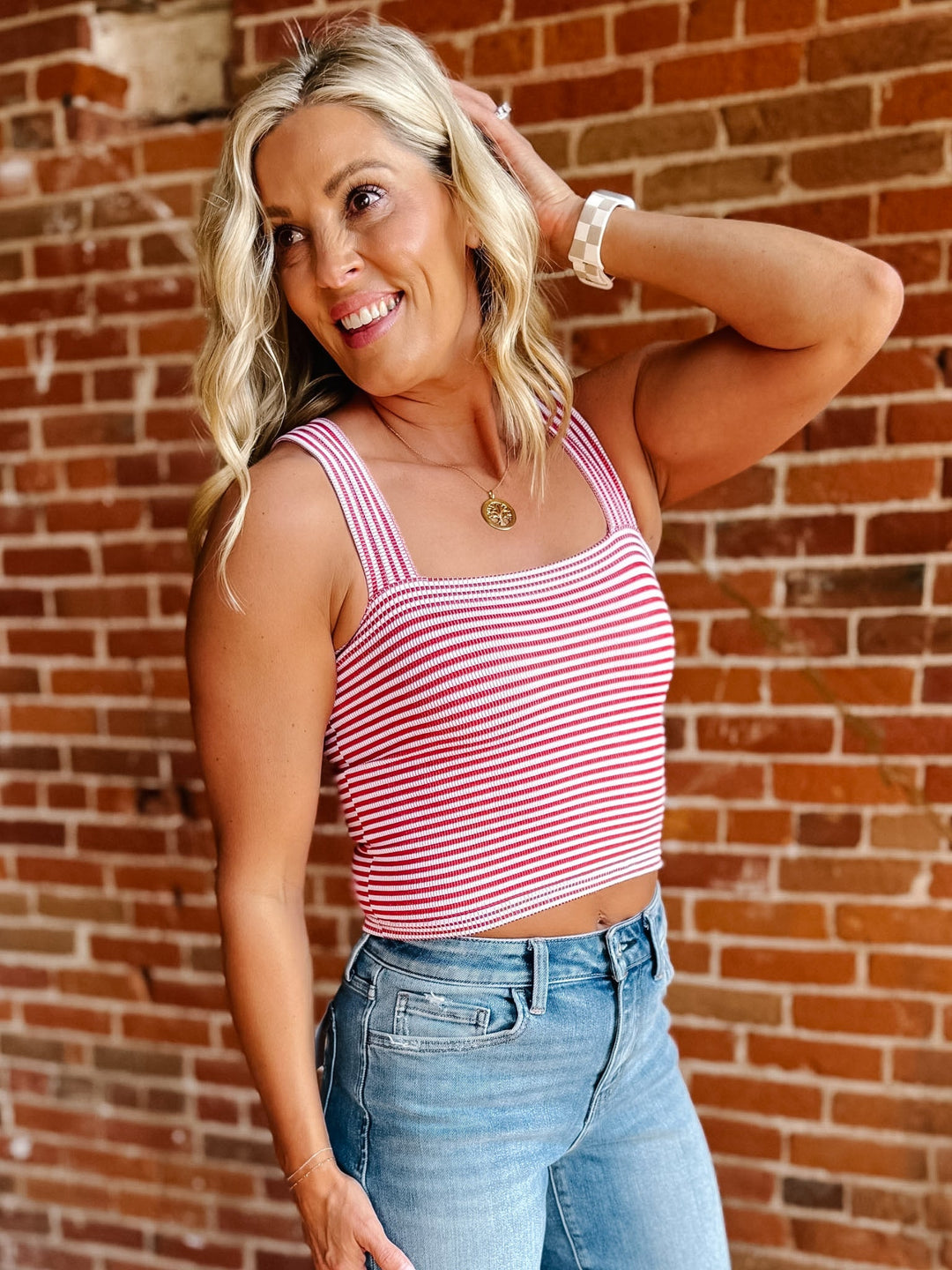 Coastal Line Striped Square Neckline Tank, Red/White