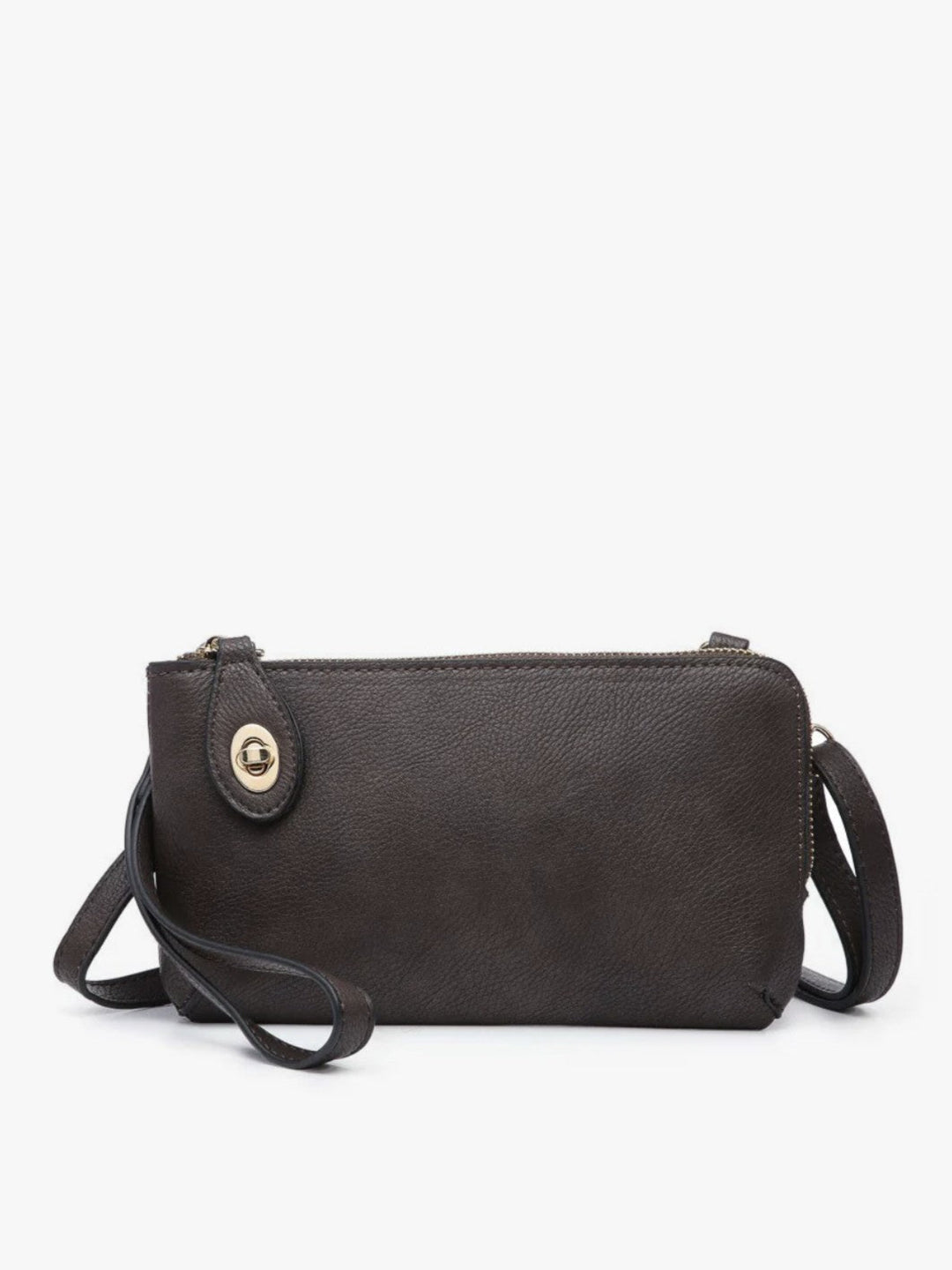 A dark brown textured leather crossbody clutch bag with a gold-tone button closure and a matching leather wristlet strap, shown against a plain white background.