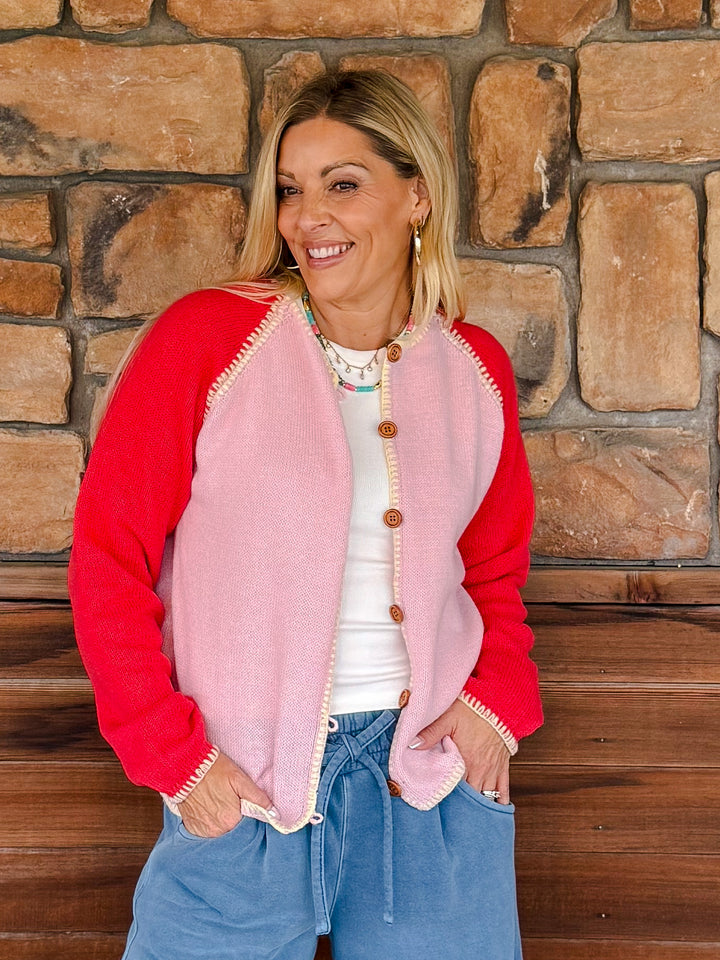 Color Me Happy Whipstitch Button Front Knit Cardigan, Petal