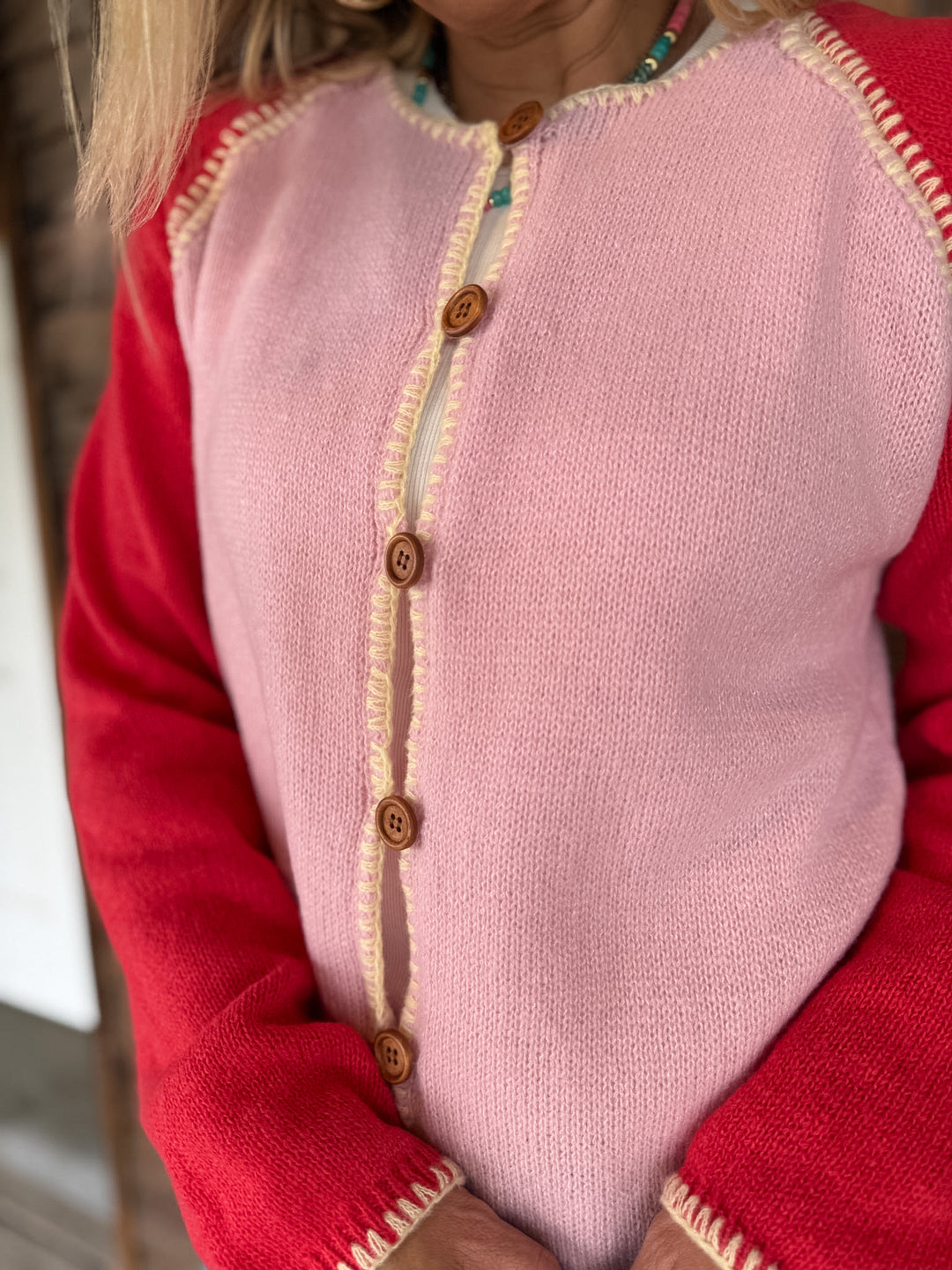 Color Me Happy Whipstitch Button Front Knit Cardigan, Petal