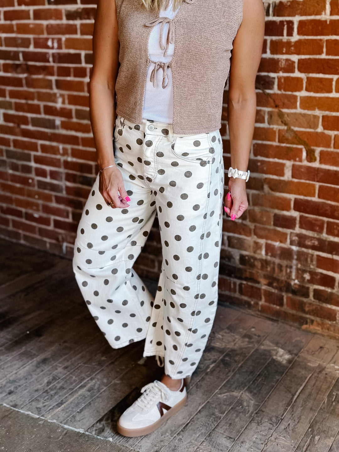 Compliments Incoming Polka Dot Barrel Jeans, Oatmeal/Brown