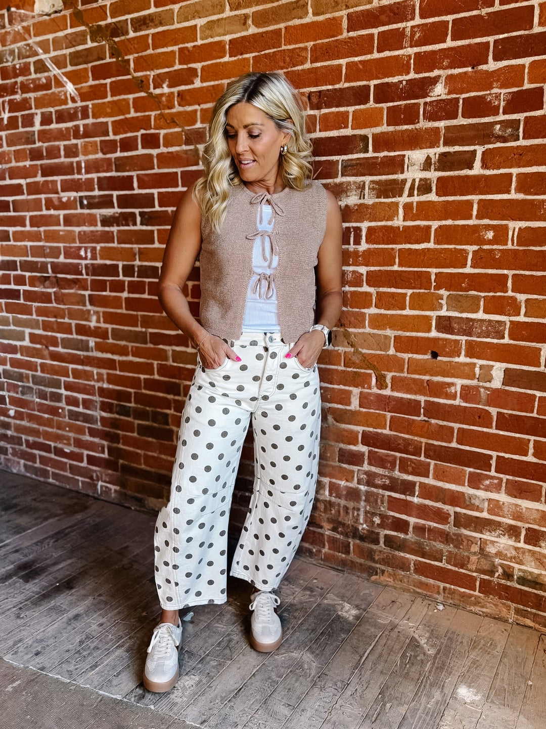 Compliments Incoming Polka Dot Barrel Jeans, Oatmeal/Brown