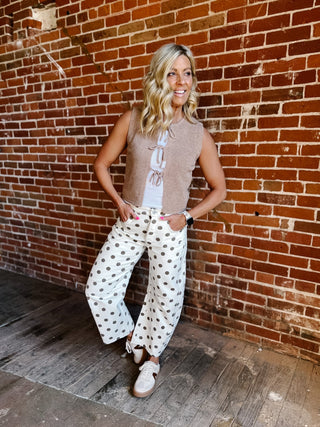 Compliments Incoming Polka Dot Barrel Jeans, Oatmeal/Brown