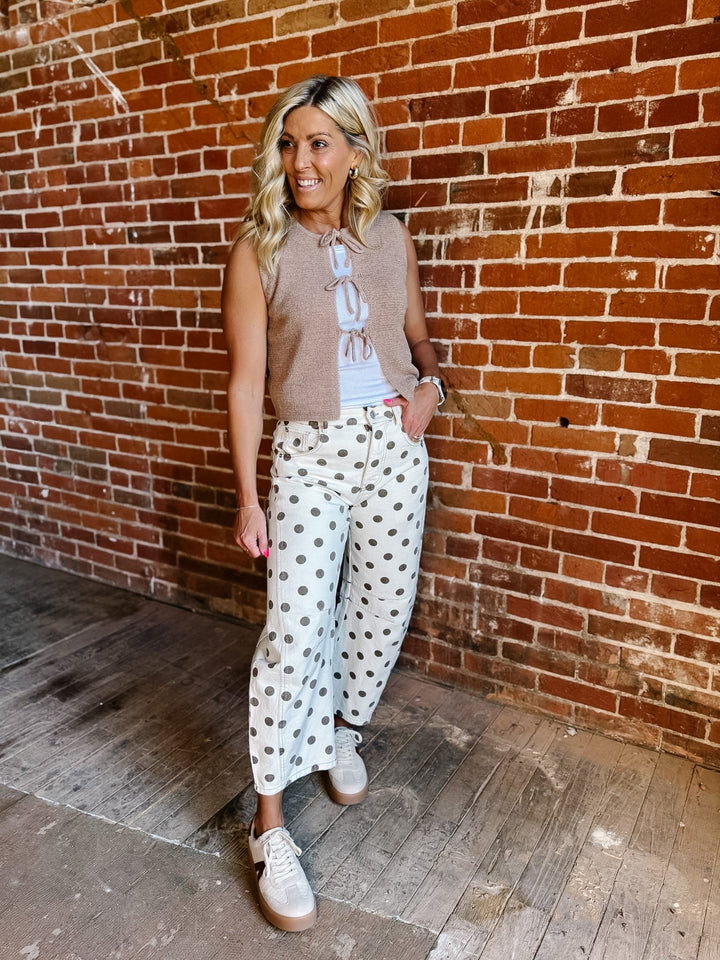Compliments Incoming Polka Dot Barrel Jeans, Oatmeal/Brown