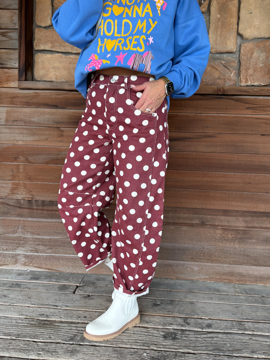 Compliments Incoming Polka Dot Barrel Jeans, Wine