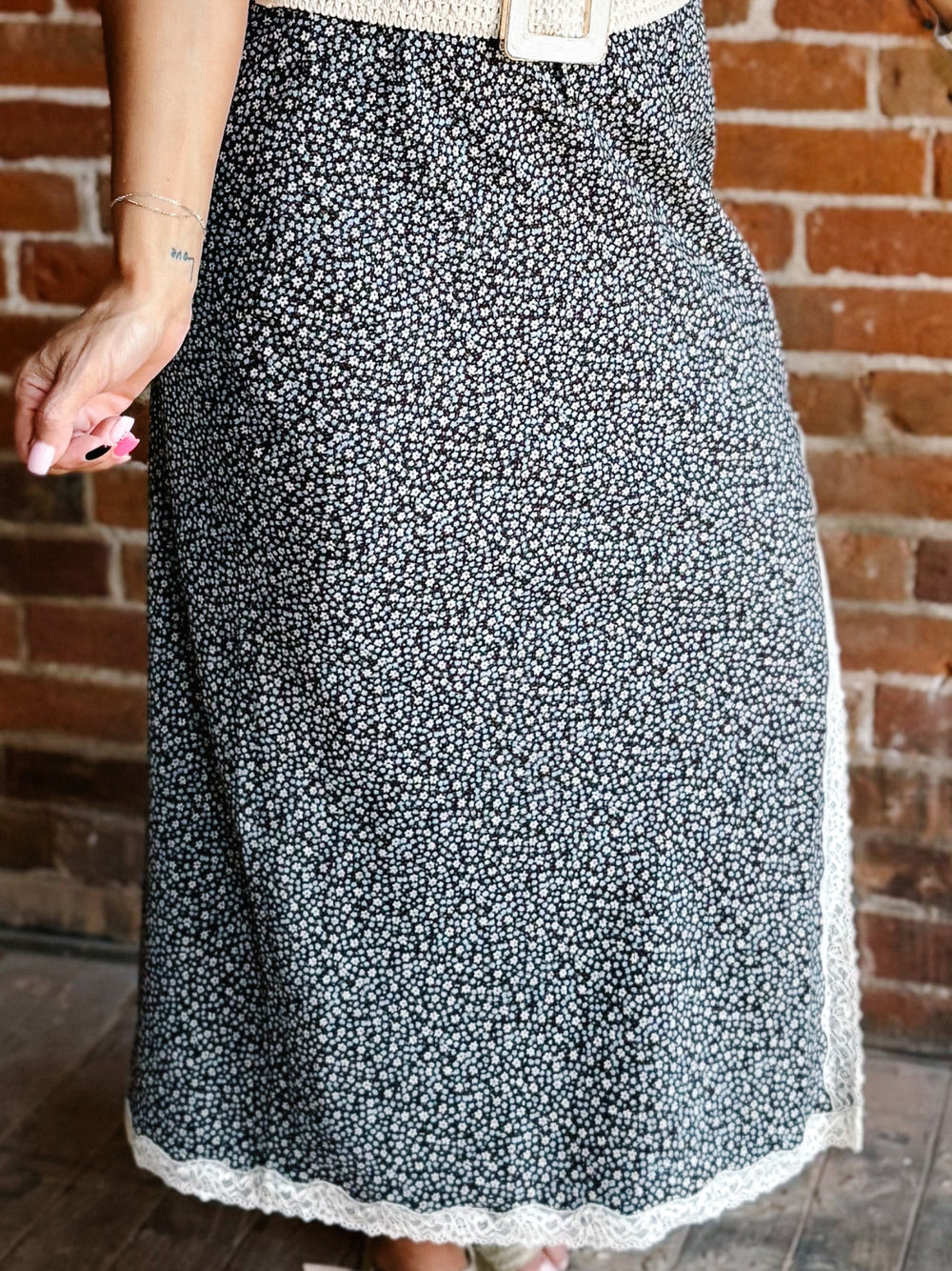 Cottage Blooms Lace Trim Midi Skirt in Espresso/Blue with delicate floral print and lace details.