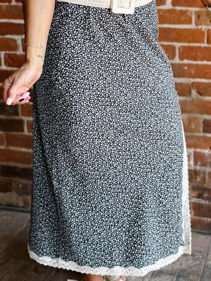 Cottage Blooms Lace Trim Midi Skirt in Espresso/Blue with delicate floral print and lace details.