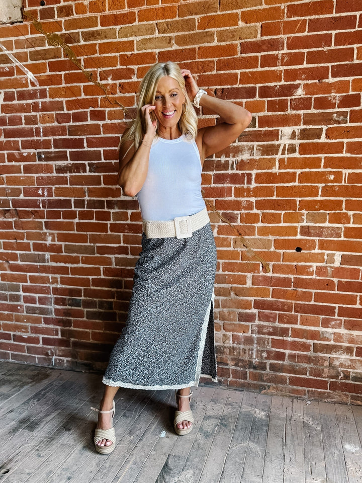 Cottage Blooms Lace Trim Midi Skirt in Espresso/Blue with delicate floral print and lace details.