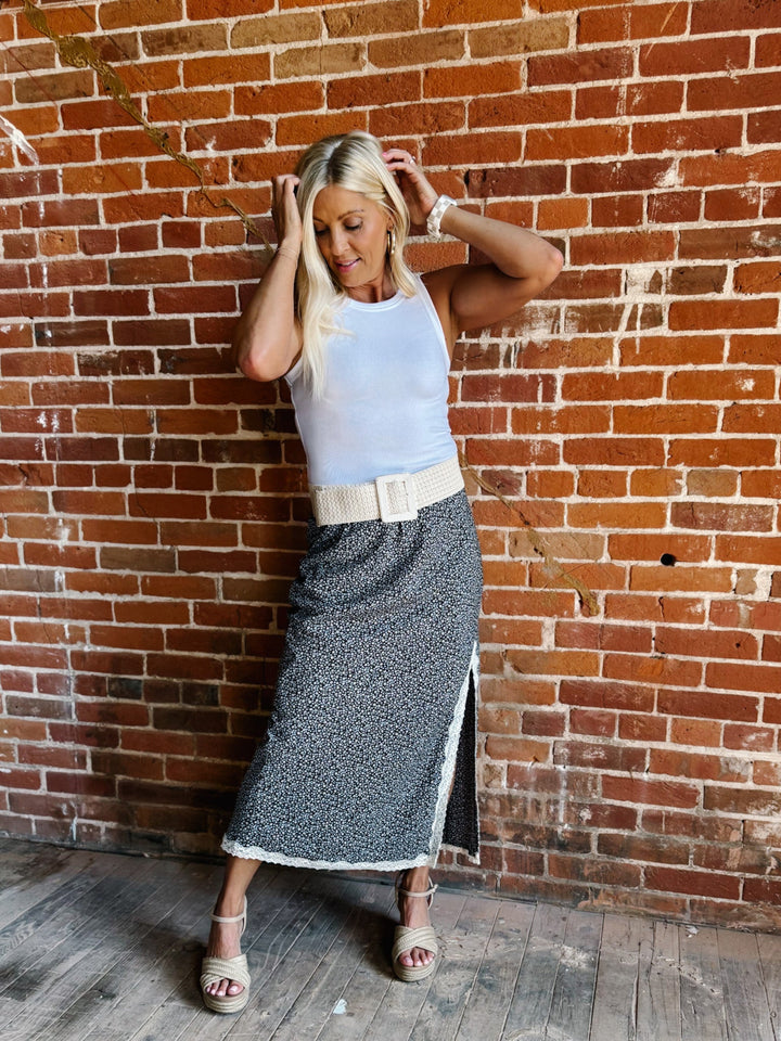 Cottage Blooms Lace Trim Midi Skirt in Espresso/Blue with delicate floral print and lace details.