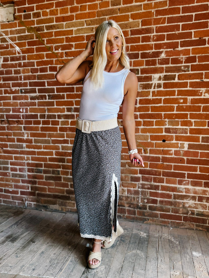 Cottage Blooms Lace Trim Midi Skirt in Espresso/Blue with delicate floral print and lace details.