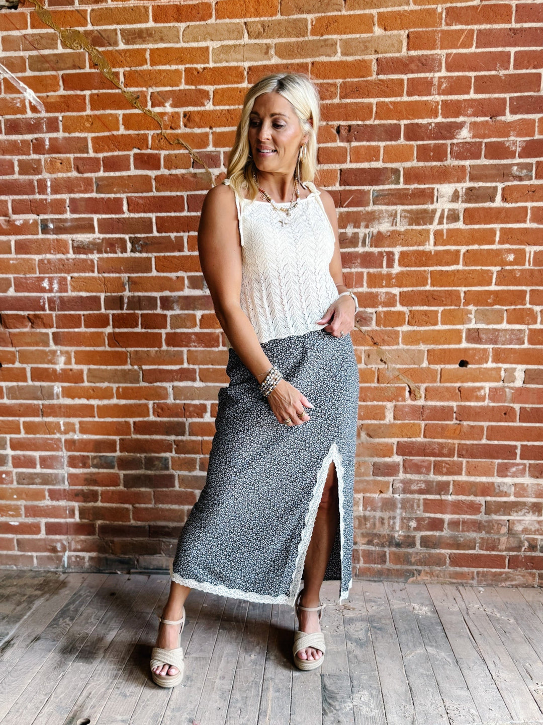 Cottage Blooms Lace Trim Midi Skirt in Espresso/Blue with delicate floral print and lace details.