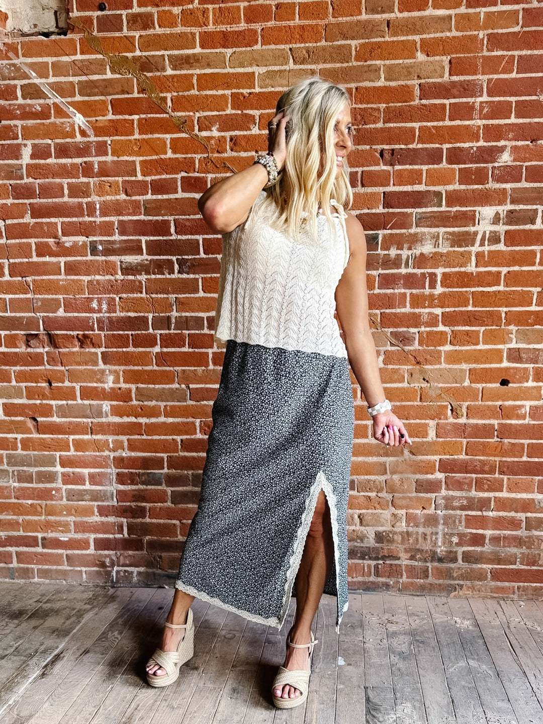 Cottage Blooms Lace Trim Midi Skirt in Espresso/Blue with delicate floral print and lace details.