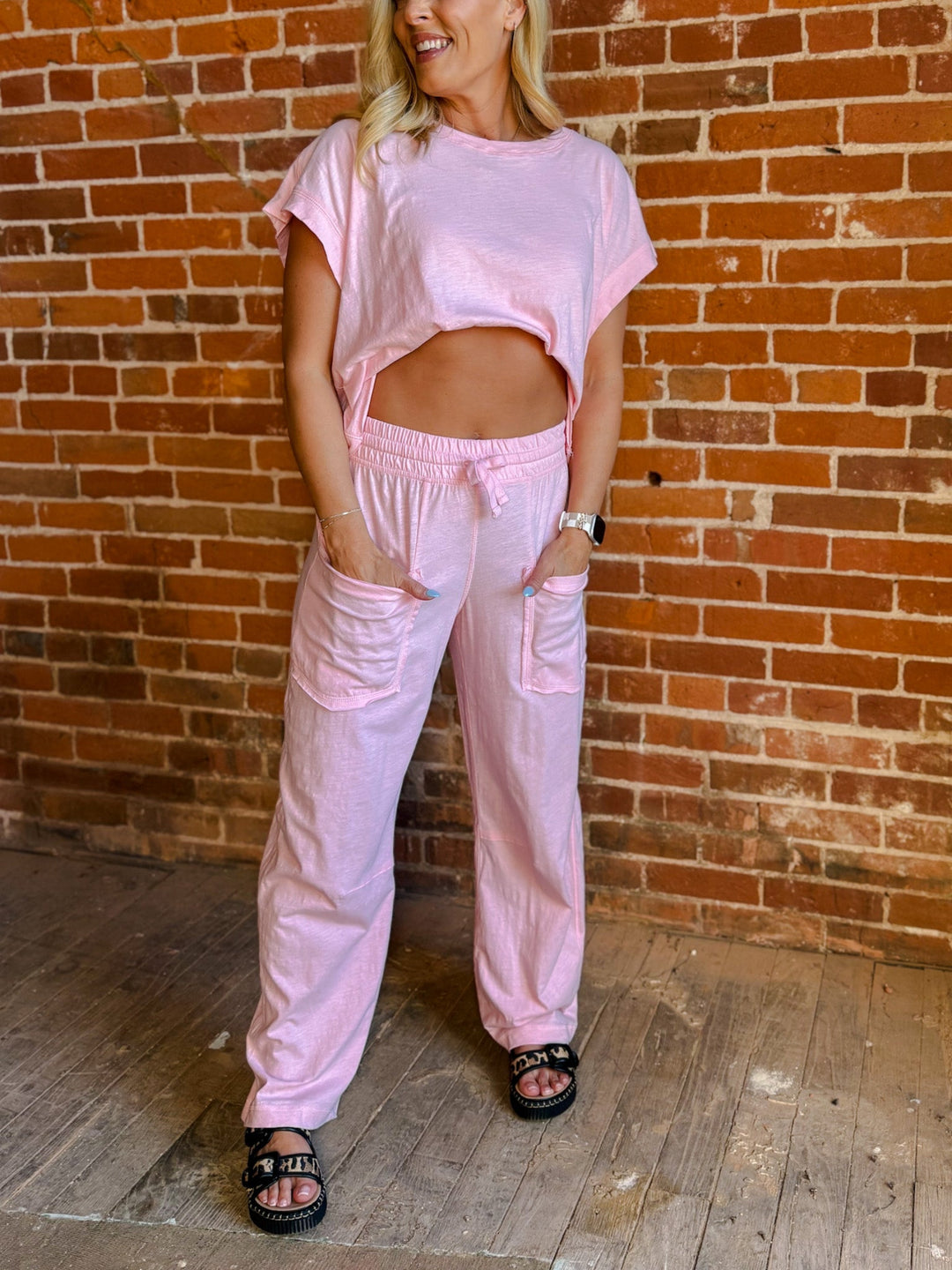 Cotton Candy Slub Barrel Pants, Pink