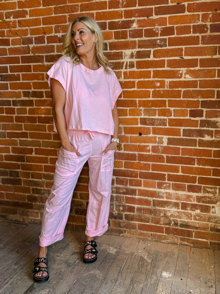 Cotton Candy Slub Barrel Pants, Pink