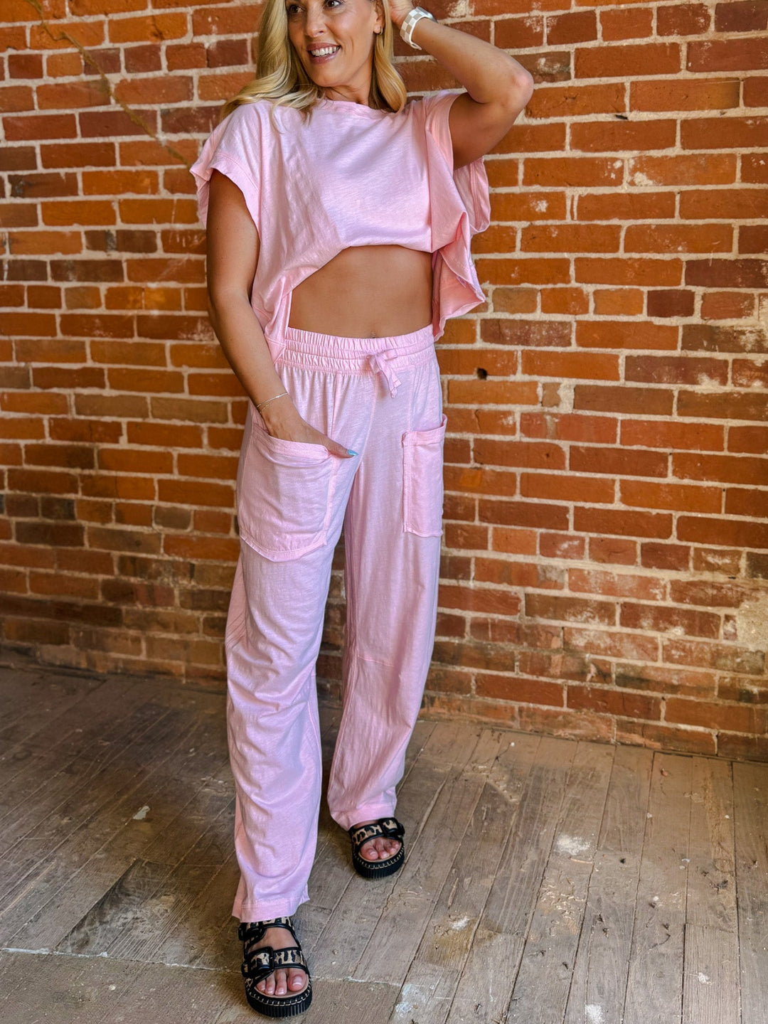 Cotton Candy Slub Barrel Pants, Pink