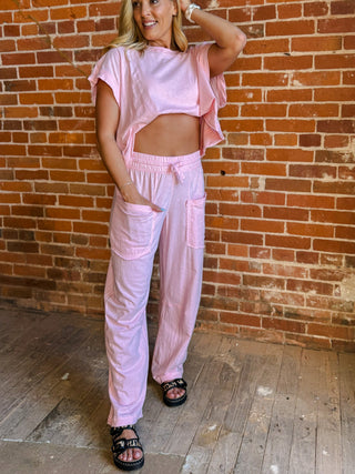 Cotton Candy Slub Barrel Pants, Pink