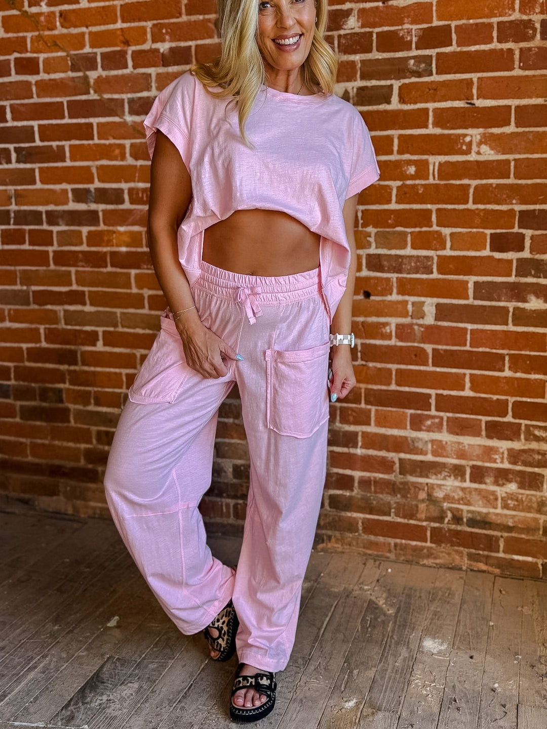Cotton Candy Slub Barrel Pants, Pink