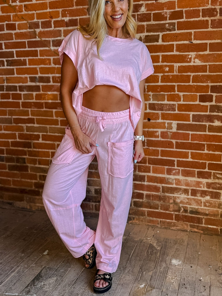 Cotton Candy Slub Barrel Pants, Pink