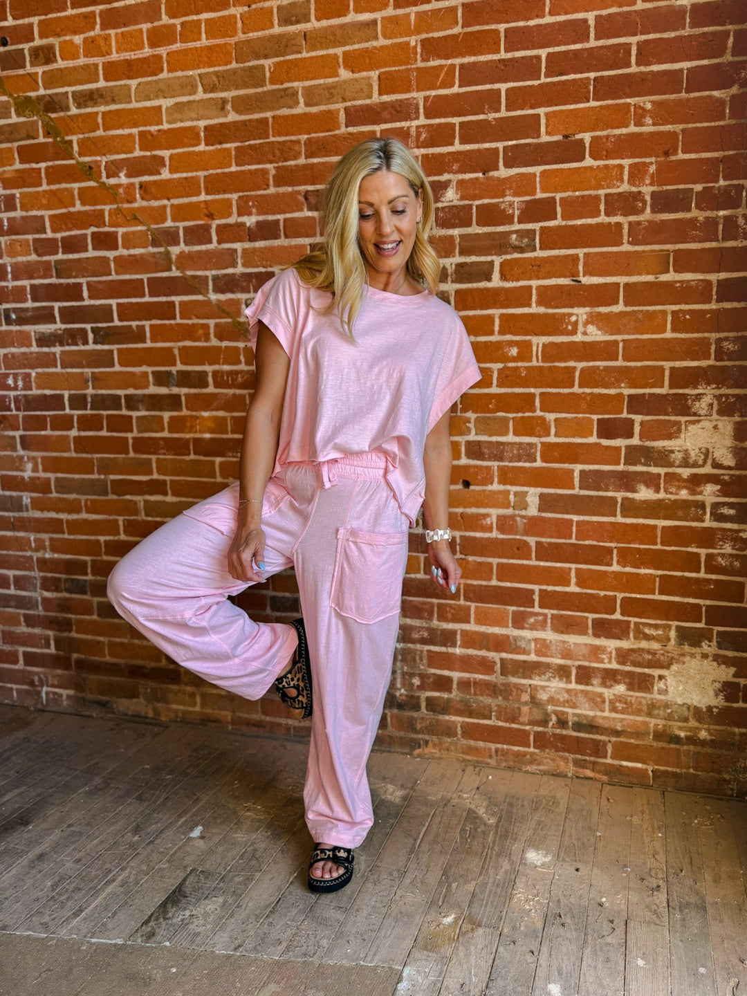 Cotton Candy Slub Barrel Pants, Pink
