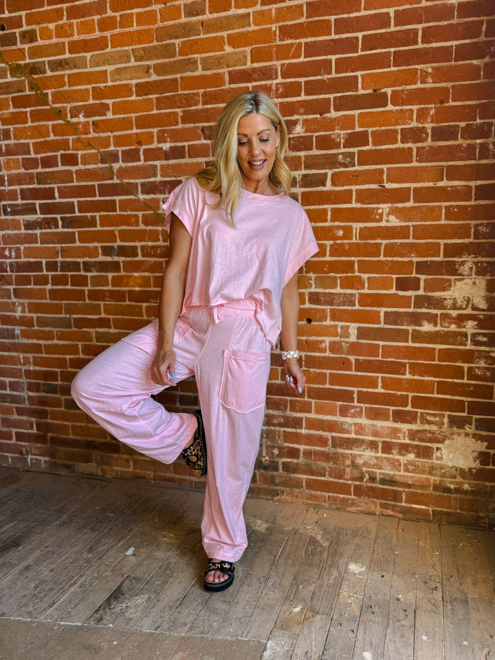 Cotton Candy Slub Barrel Pants, Pink