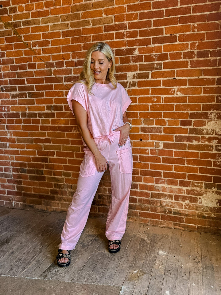 Cotton Candy Slub Barrel Pants, Pink